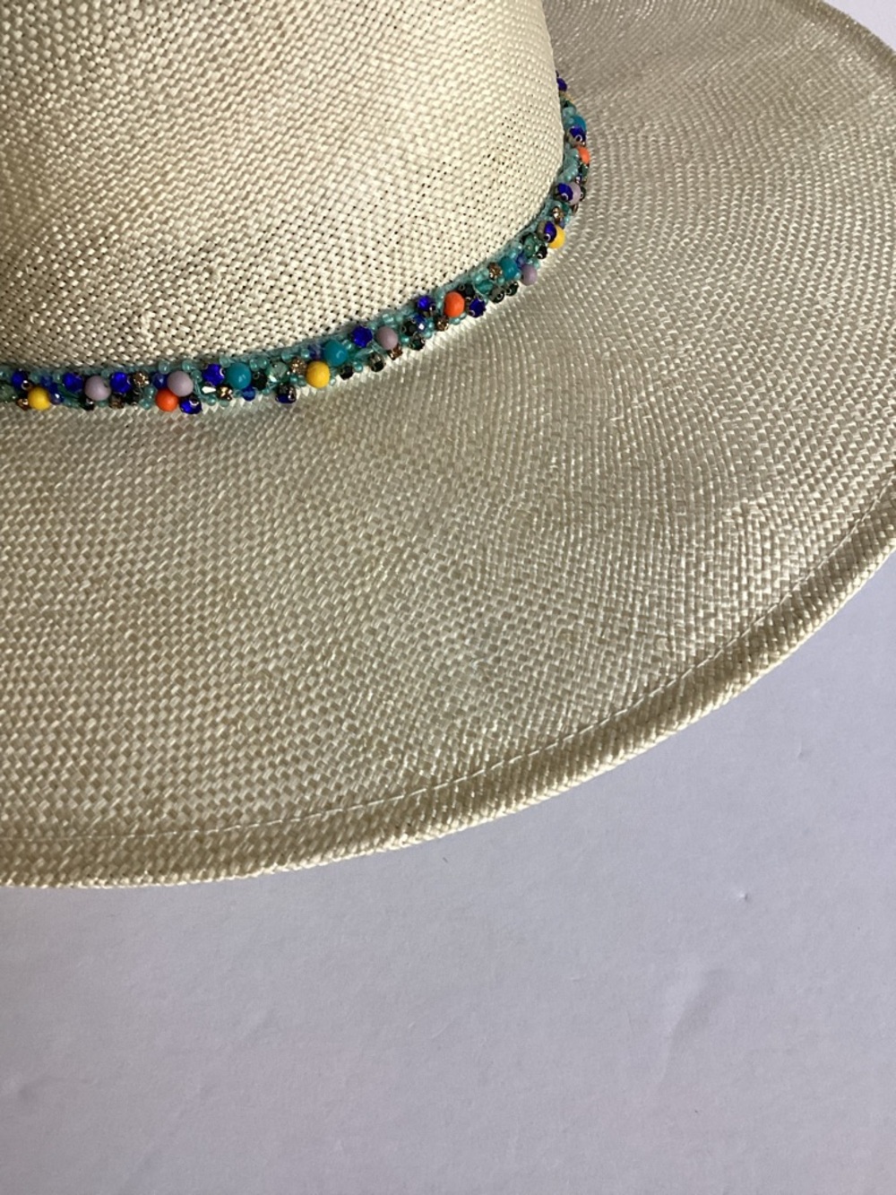 Eugenia Kim Wide Brim Straw Fedora Hat Beaded Band Resort Coastal Chic - Picture 6 of 15